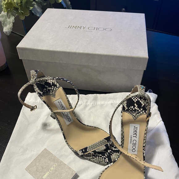 Jimmy Choo Black & Taupe Snake Marin 90 Heeled Sandals Size 37 - Picture 3 of 9
